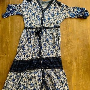 Long, flowy, blue and white floral dress